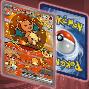 May include: A Charizard EX Pokémon trading card featuring a cartoon Charizard in a circular frame. The card has an orange and yellow color scheme with text that reads "Charizard EX" and "HP330". The reverse side of the card is blue with a Poké Ball design.
