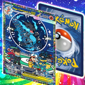 May include: A Mega Charizard X ex Pokémon card with a blue and black Charizard illustration. The card features text including "Mega Charizard X ex" and "HP 360". The reverse side of the card shows the Pokémon logo and a Poké Ball design.