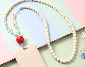 Personalized Teacher ID Lanyard, Floral Heart Badge Holder, Silicone Wood Beads