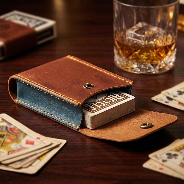 Handmade Leather Personalized Playing Card Case, Deck Poker Card Travel Storage Holder