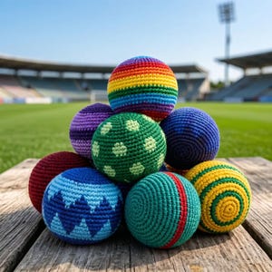 May include: A collection of colorful, handmade juggling balls. The balls are made of crocheted yarn in various colors, including rainbow, green with white dots, and blue with a zigzag pattern. They are stacked on a wooden surface.