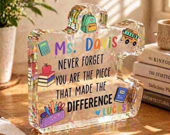 Personalized Teacher Appreciation Gift, Custom Thank You Plaque for Teacher, Acrylic Puzzle Piece Block, Year End School Leaving Gift for