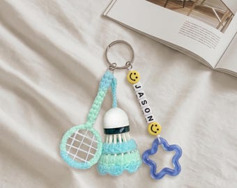 Personalized Badminton Crochet Keychain | Custom Name Beaded Bag Charm | Cute Tennis Racket Backpack Tag | Back to School Sports Gift