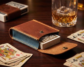 Handmade Leather Personalized Playing Card Case, Deck Poker Card Travel Storage Holder