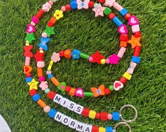 Personalized Teacher ID Lanyard with Name, Colorful Dopamine Silicone Beaded Badge Holder, Dreamy  Lanyard，with Daisy