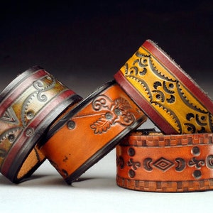 Hand Tooled and Hand Dyed Leather Cuff Bracelets