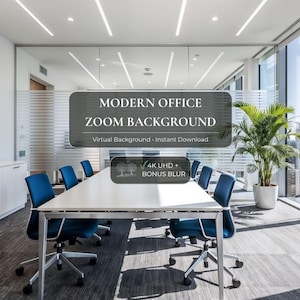 May include: A modern office Zoom background featuring a long white table with blue chairs. The room has large windows with a city view and a potted plant. The text on the image says "Modern Office Zoom Background" and "Virtual Background - Instant Download".