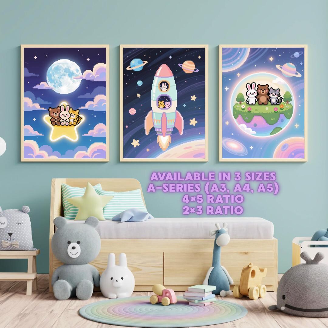 Space Nursery Wall Art Set of 3, Pixel Art Animals, Kids Room Decor ...