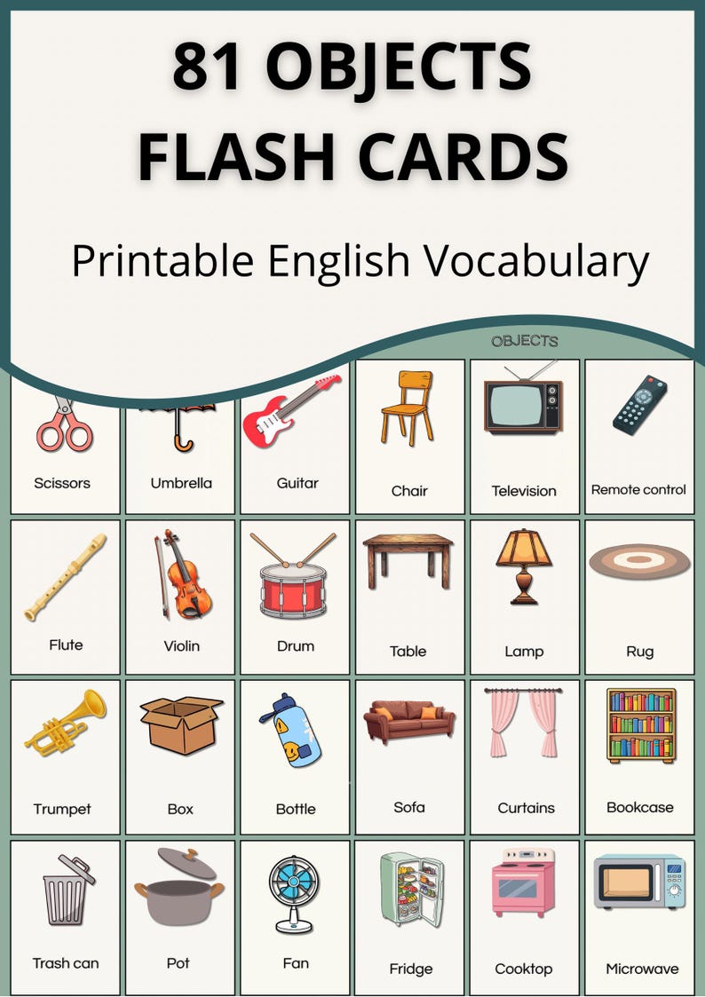 Simple Object Flash Cards Objects Flash Cards | Printable English Vocabulary - Etsy