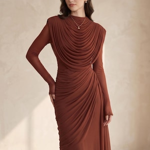 elegant draped neck brown evening maxi dress DONNA GOWN IN ESPRESSO BROWN | CULT MIA main image 0