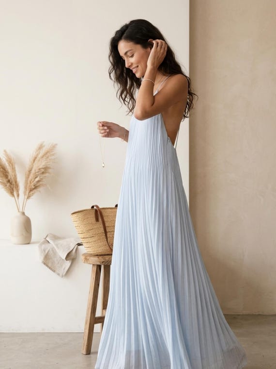 Women Light Blue Pleated Maxi Dress Backless Sleeveless A Line Evening Party Gown Elegant Formal Long Dress