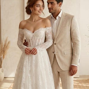 long sleeve off shoulder lace wedding dress Classy Off-Shoulder Lace Wedding Dress with Long Sleeves – LC101 –  Viniodress