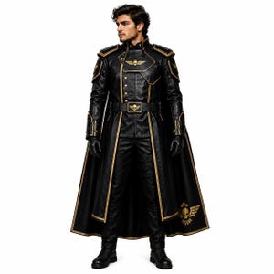 May include: A black long coat with gold trim, shoulder pads, and a high collar, featuring a gold skull emblem on the chest and belt. The coat includes a cape with a large gold skull and wing design at the hem, paired with black trousers and gloves.