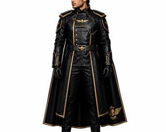 May include: A black long coat with gold trim, shoulder pads, and a high collar. The coat features a gold winged skull emblem on the chest and belt buckle. Matching black trousers, gloves, and boots complete the ensemble, with a large cape.