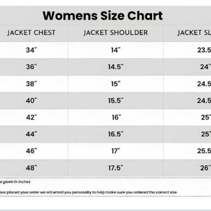 Puede incluir: Tabla de tallas de chaquetas para mujer, con medidas en pulgadas. La tabla incluye las dimensiones de pecho, hombros y mangas para las tallas XS a 4XL. El texto inferior indica que todas las medidas est&aacute;n en pulgadas.