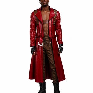 May include: A long, red leather coat with a notched collar, brown accents, and decorative studs. The coat features a double-breasted design, a belt, and a silver buckle. The person is wearing black gloves and boots. The coat is approximately 55 inches long.
