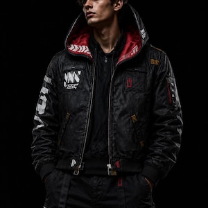 May include: A black hooded bomber jacket featuring a vibrant red interior lining, white graphic text on the sleeve and chest, and orange accent stripes. The jacket includes a front zipper closure, multiple utility pockets, and a structured hood.