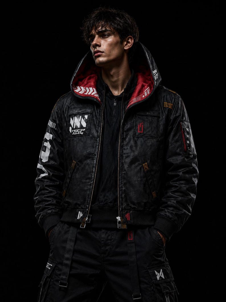 May include: A black hooded bomber jacket featuring a red interior lining, white graphic text on the chest and sleeve, and orange accent stitching. The jacket has a front zipper closure, multiple pockets, and a structured hood against a black background.