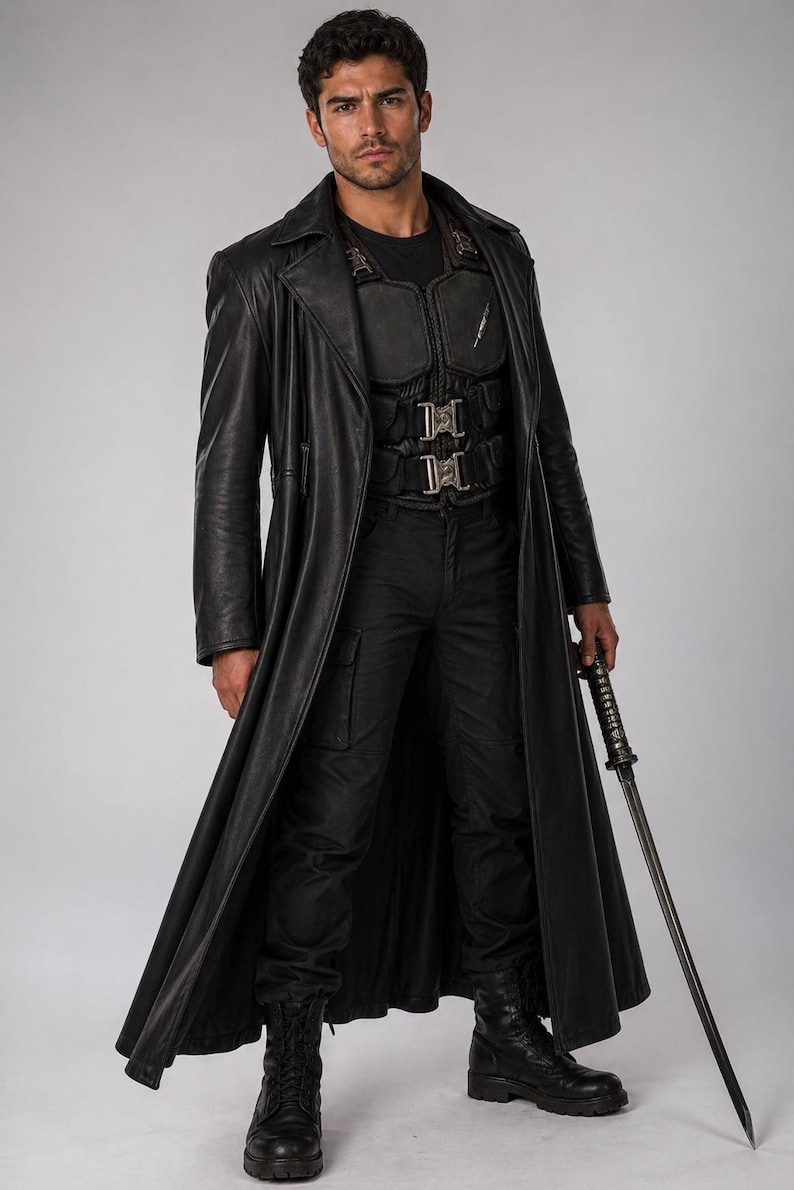Puede incluir: Una persona con un abrigo largo de cuero negro, chaleco t&aacute;ctico y pantalones cargo, sosteniendo una katana. El atuendo incluye una camiseta negra y botas de combate. La imagen est&aacute; sobre un fondo liso.