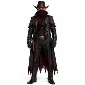 May include: A dark, distressed long coat with red patterned accents, worn with a matching wide-brimmed hat, a deep red face covering, black trousers, a belt featuring a prominent bull skull buckle, black gloves, and dark leather boots.