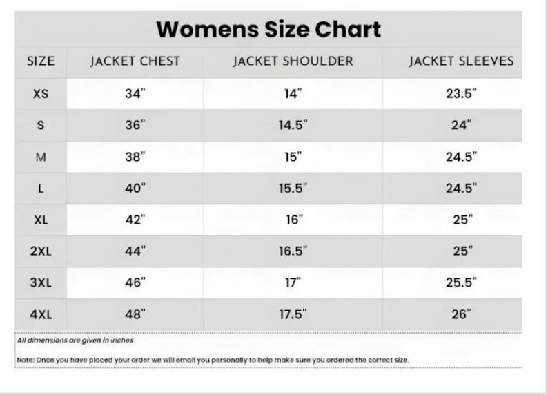 May include: A black and white size chart for jackets with columns for size, chest, shoulder, and sleeve measurements in inches. The chart lists sizes from XS to 4XL with corresponding numerical values for each category, including a note about sizing.