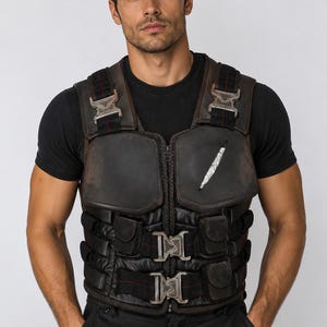Puede incluir: Un chaleco t&aacute;ctico negro con m&uacute;ltiples bolsillos y hebillas met&aacute;licas. El chaleco tiene un aspecto de cuero desgastado y un gr&aacute;fico blanco en el pecho. El chaleco se lleva sobre una camiseta negra.