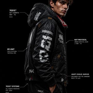May include: A black hooded jacket featuring white graphic text including 7ES1C, NXT PROTOCOL, 05 UNIT, and ADAPT. EVOLVE. SURVIVE. The jacket has a textured finish, ribbed cuffs, and multiple technical labels printed on the sleeves and chest area.