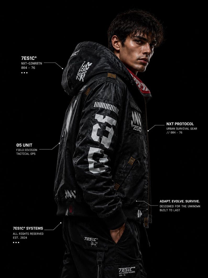 May include: A black hooded jacket featuring white graphic text including 7ES1C, NXT PROTOCOL, 05 UNIT, and ADAPT. EVOLVE. SURVIVE. The jacket has a textured finish, ribbed cuffs, and multiple technical labels printed on the sleeves and chest area.