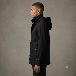 May include: A black hooded jacket featuring a high collar, a front button closure, and adjustable buckled straps at the cuffs. The jacket is constructed with a structured silhouette and includes side pockets, shown from a side profile view.
