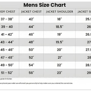 Puede incluir: Una tabla de tallas de chaquetas, titulada "Mens Size Chart". Incluye medidas de pecho, pecho de chaqueta, hombro y mangas, desde XS hasta 4XL. Todas las medidas est&aacute;n en pulgadas.