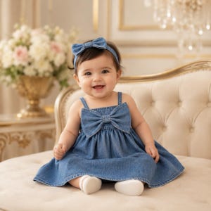 May include: A smiling baby wearing a denim dress with a large bow on the bodice and a matching headband. The dress has spaghetti straps and a flared skirt. The baby is also wearing white socks and is sitting on a cream-colored chair.