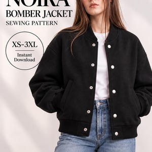 May include: A black bomber jacket with a ribbed collar, cuffs, and hem, featuring silver snap buttons down the front. Text on the image reads: NOIRA BOMBER JACKET SEWING PATTERN, XS-3XL, Instant Download. The jacket is worn over a white shirt.