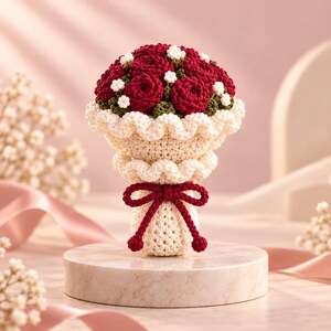 May include: A crocheted bouquet featuring deep red roses and small white flowers, wrapped in cream-colored yarn with a ruffled edge. The bouquet is tied with a dark red yarn bow at the center, creating a structured, rounded floral arrangement.