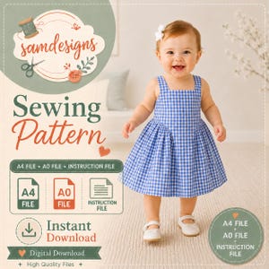 Può includere: Un cartamodello digitale per un vestito da bambino con stampa a quadretti vichy blu e bianchi. L'immagine mostra il testo samdesigns Sewing Pattern, A4 FILE, A0 FILE, INSTRUCTION FILE e Instant Download. Un bambino indossa il vestito.