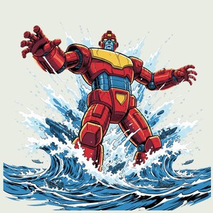 May include: A red and yellow robot illustration, with blue accents, emerging from blue ocean waves. The robot has its arms outstretched, creating a splash effect. The artwork has a comic book style.
