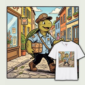 K&ouml;nnte beinhalten: Ein wei&szlig;es T-Shirt mit einer Cartoon-Illustration eines Schildkr&ouml;tenpostboten, der eine Stra&szlig;e entlanggeht. Die Schildkr&ouml;te tr&auml;gt einen Hut und eine Uniform und tr&auml;gt ein Paket. Der Hintergrund zeigt eine farbenfrohe europ&auml;ische Stra&szlig;enszene.