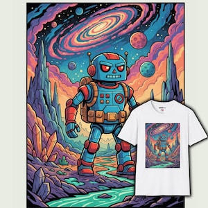 Peut inclure: Illustration colorée d'un robot dans une scène spatiale, avec un motif assorti sur un t-shirt blanc. Le robot est bleu et rouge, devant une galaxie avec des planètes et des nuages colorés. Le t-shirt est affiché à côté de l'illustration.