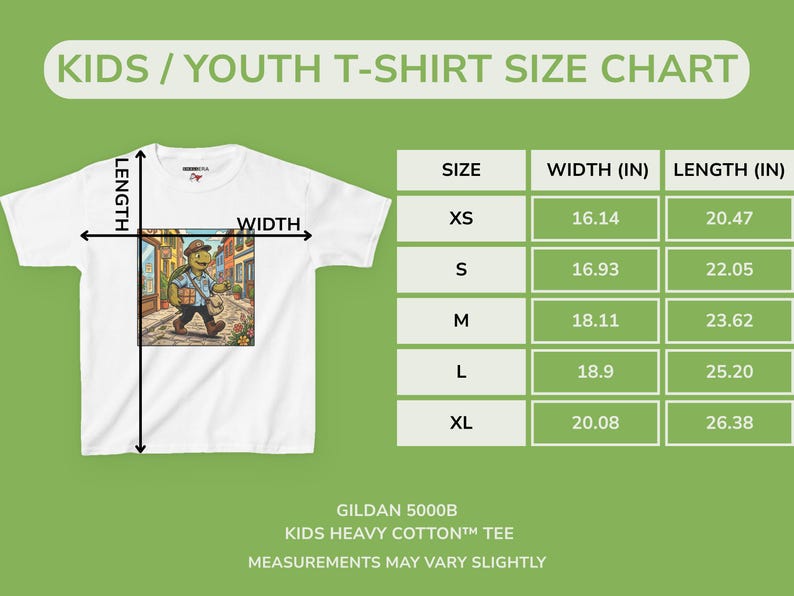 K&ouml;nnte beinhalten: Wei&szlig;es Kinder-T-Shirt mit einem bunten Schildkr&ouml;ten-Motiv, das eine Stra&szlig;e entlangl&auml;uft. Die Gr&ouml;&szlig;entabelle zeigt Ma&szlig;e in Zoll f&uuml;r die Gr&ouml;&szlig;en XS bis XL. Der Text "KIDS / YOUTH T-SHIRT SIZE CHART" steht oben. Die Breite der Gr&ouml;&szlig;e XL betr&auml;gt 51 cm.
