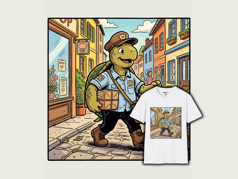 K&ouml;nnte beinhalten: Ein wei&szlig;es T-Shirt mit einer Cartoon-Illustration eines Schildkr&ouml;tenpostboten, der eine Stra&szlig;e entlanggeht. Die Schildkr&ouml;te tr&auml;gt einen Hut und eine Uniform und tr&auml;gt ein Paket. Der Hintergrund zeigt eine farbenfrohe europ&auml;ische Stra&szlig;enszene.