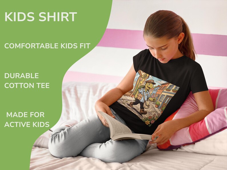 K&ouml;nnte beinhalten: Schwarzes Kinder-T-Shirt mit einer bunten Grafik einer Schildkr&ouml;te, die eine Stra&szlig;e entlangl&auml;uft. Auf dem Shirt stehen die Worte "KIDS SHIRT", "COMFORTABLE KIDS FIT", "DURABLE COTTON TEE" und "MADE FOR ACTIVE KIDS".
