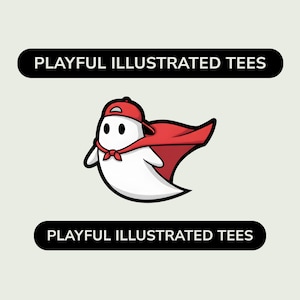 K&ouml;nnte beinhalten: Ein Cartoon-Geist-Charakter mit roter Baseballkappe und Umhang. Der Geist ist wei&szlig; mit schwarzen Augen und einer roten Fliege. Der Text "PLAYFUL ILLUSTRATED TEES" wird oberhalb und unterhalb der Figur in einem schwarzen Rechteck angezeigt.
