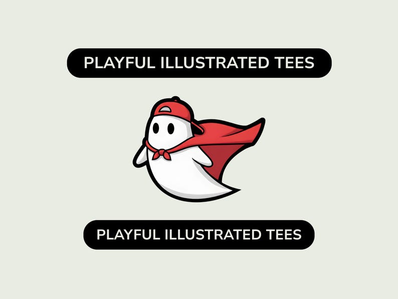 K&ouml;nnte beinhalten: Ein Cartoon-Geist-Charakter mit roter Baseballkappe und Umhang. Der Geist ist wei&szlig; mit schwarzen Augen und einer roten Fliege. Der Text "PLAYFUL ILLUSTRATED TEES" wird oberhalb und unterhalb der Figur in einem schwarzen Rechteck angezeigt.