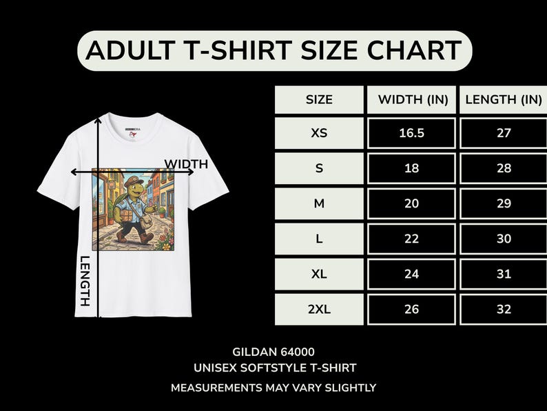 K&ouml;nnte beinhalten: Wei&szlig;es Gildan 64000 Unisex-Softstyle-T-Shirt mit einem farbenfrohen Grafik einer Schildkr&ouml;te, die auf einer Kopfsteinpflasterstra&szlig;e geht. Das Bild enth&auml;lt eine Gr&ouml;&szlig;entabelle f&uuml;r Erwachsene mit Ma&szlig;en in cm. Der Text "ADULT T-SHIRT SIZE CHART" steht oben.