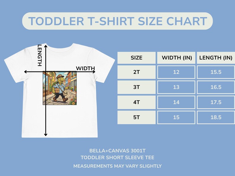 K&ouml;nnte beinhalten: Wei&szlig;es T-Shirt mit kurzen &Auml;rmeln f&uuml;r Kleinkinder mit einer Grafik einer Schildkr&ouml;te, die auf einer Stra&szlig;e l&auml;uft. Die Gr&ouml;&szlig;entabelle zeigt die Ma&szlig;e in cm: 2T (30,5 cm Breite, 39,4 cm L&auml;nge), 3T (33 cm Breite, 41,9 cm L&auml;nge), 4T (35,6 cm Breite, 44,5 cm L&auml;nge) und 5T (38,1 cm Breite, 47 cm L&auml;nge).
