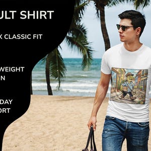 K&ouml;nnte beinhalten: Wei&szlig;es Erwachsenen-T-Shirt mit einer Cartoon-Schildkr&ouml;ten-Illustration. Das Shirt ist Unisex-Classic-Fit, aus weicher, leichter Baumwolle. Das Bild enth&auml;lt auch den Text: "ADULT SHIRT", "UNISEX CLASSIC FIT", "SOFT LIGHTWEIGHT COTTON" und "EVERYDAY COMFORT".