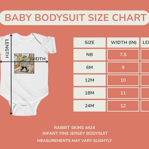 K&ouml;nnte beinhalten: Wei&szlig;er Baby-Body mit farbenfroher Illustration und Gr&ouml;&szlig;entabelle. Die Tabelle zeigt die Gr&ouml;&szlig;en NB bis 24M mit Breiten von 19,05 cm bis 30,48 cm und L&auml;ngen von 27,31 cm bis 37,47 cm. Der Text "BABY BODYSUIT SIZE CHART" steht oben.