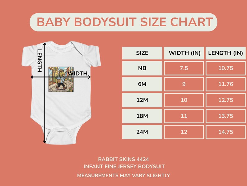 K&ouml;nnte beinhalten: Wei&szlig;er Baby-Body mit farbenfroher Illustration und Gr&ouml;&szlig;entabelle. Die Tabelle zeigt die Gr&ouml;&szlig;en NB bis 24M mit Breiten von 19,05 cm bis 30,48 cm und L&auml;ngen von 27,31 cm bis 37,47 cm. Der Text "BABY BODYSUIT SIZE CHART" steht oben.