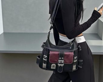 Leder Punk Y2K Umhängetasche | Vintage Grunge Schultertasche für Frauen | Moto Biker Leder Messenger Geldbörse, Ledertasche