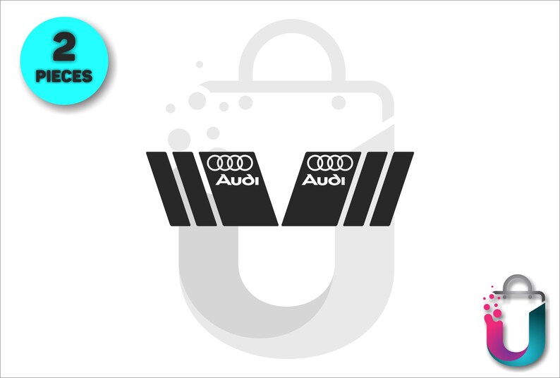 May include: Two black Audi car decals with white Audi logo and text. The decals are angled and have three vertical stripes. A teal circle with the number "2" and the word "PIECES" is in the upper left corner.