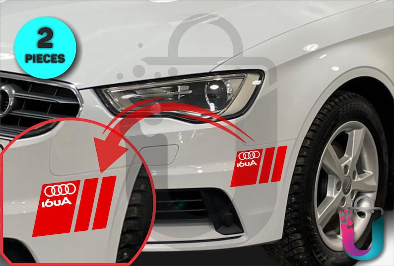 May include: Red and white car decals featuring the Audi logo and three vertical stripes. The decals are shown applied to a white car. The image includes a circular graphic that says "2 PIECES".